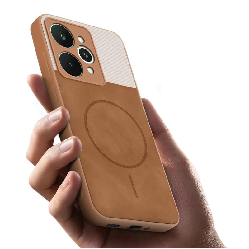 Image of Bintage case Dual-Leather Macc-Safe Design Phone Case| Soft Touch Finish | Full Camera Protectection Back Cover Compatible for Realme RMX5106 /Realme 15 5G - White & Nut Brown