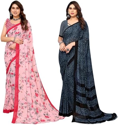 Printed Georgette Saree With Blouse Piece Combo Pack of 2 Combo (Combo_Md_1552_1667_2)_A14754