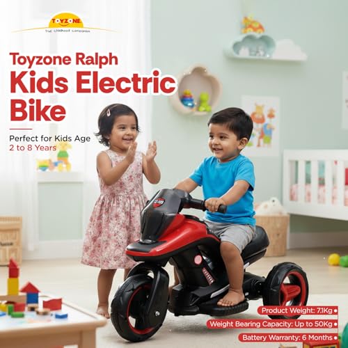 Image of Toyzone Ralph Electric Bike (Red) | 6V Rechargeable Bike with 4.5 AH Battery | Music Player with Bluetooth, USB & AUX | 6 Months Battery Warranty | Made in India | for Kids 2-8 Years, Upto 35 Kgs