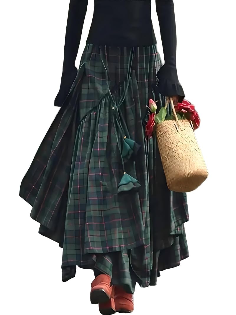 Vintage Asymmetrical Tiered Maxi Skirt Double-Sided Plaid Pattern A-Line Silhouette