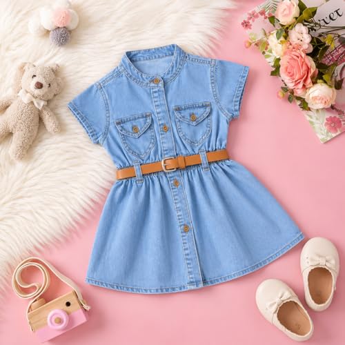 Image of Bold N Elegant Girl's Short Sleeve Front Open Stylish Cute Cotton Denim Dress Frock Tunic with PU Leather Belt and Pockets for Infant Toddler Baby Girls