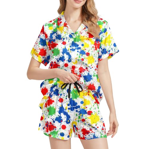 Image of Silk Satin Pajama Set for Women Summer Lounge Pjs Sets 2 Piece Suit Ladies Button Down Tops And Shorts Sleepwear