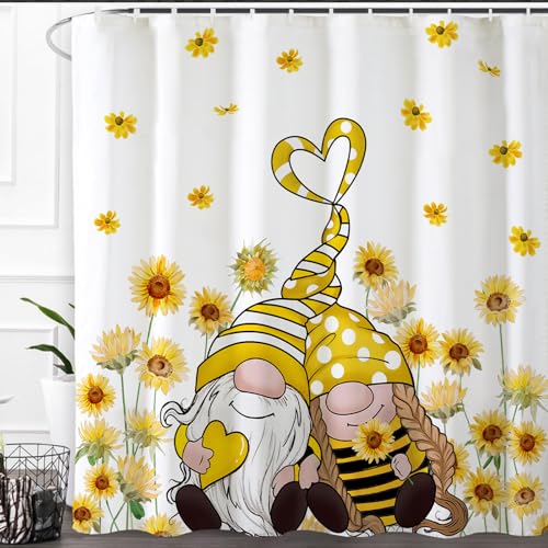 Baccessor Sunflower Shower Curtain Spring Summer Gnomes Shower Curtains Yellow Bathroom Bath Decor Waterproof Weighted with Hooks 72 W x72 H Inch