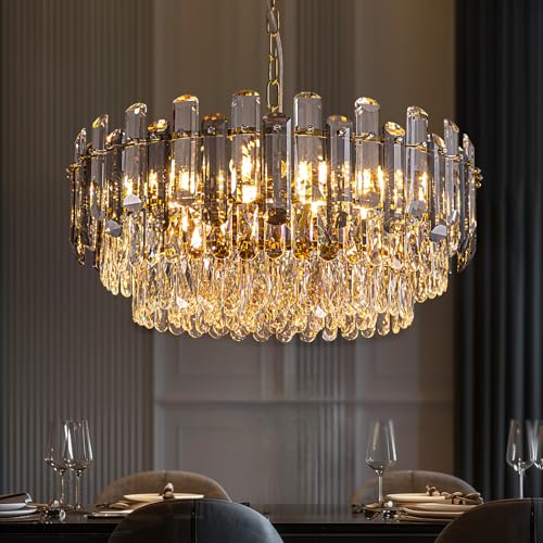7PM Crystal Chandeliers,24-inch 4-Tier Gold Crystal Chandelier for Dining Room,
