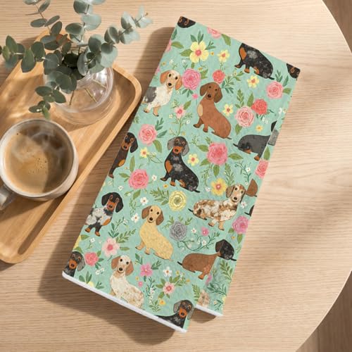 Image of 4 Pcs Cute Dachshund Kitchen Towels 24x14 Inch, Dachshund Gifts Reusable Dish Towels for Kitchen Bathroom Decor, Weiner Dog Floral Donuts Hand Cloth Tea Towel, Cute Dog Gifts for Women Mom Friend