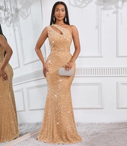 Image of Cololura Women Sequin Elegant Sexy One Shoulder Tassel Mermaid Bodycon Cocktail Evening Dress