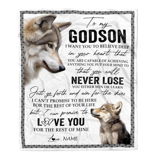 TeesNow Personalized to My Godson Blanket from Godmother Godfather You Will Never Lose Wolf Godson Birthday Graduation Christmas Customized Bed Quilt Fleece Blanket (50 x 60 in Youth Size)