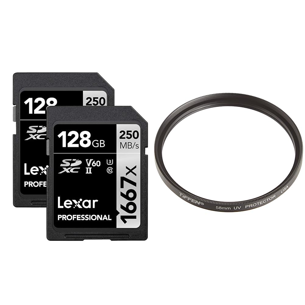 LexarProfessional 1667x 128GB (2-Pack) SDXC UHS-II Memory Cards, C10, U3, V60, Full-HD & 4K Video & Tiffen 58UVP 58mm UV Protection Filter