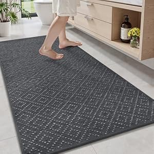 AMOAMI Thin Bath Mat, Super Absorbent Bath Mats for Bathroom, Quick Dry Rubber Backed Bath Rug Non Slip, Chenille Surface Thin Bathroom Rugs Fit Under Door,Low Pile Shower Rug,Dark Grey,24"