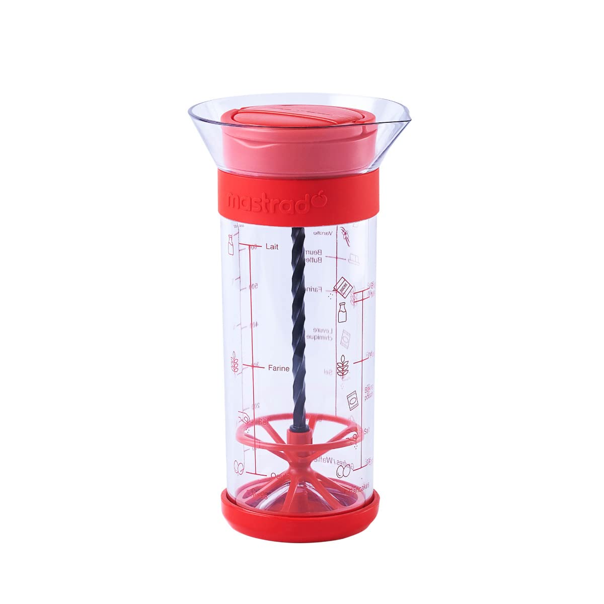 Mastrad - TWIST’N’MIX Mélangeur Pâte À Crêpes - 700 ml – Shaker Manuel Sans Électricité – Recettes Intégrées – Graduation ml/oz – Bec Verseur – Rouge