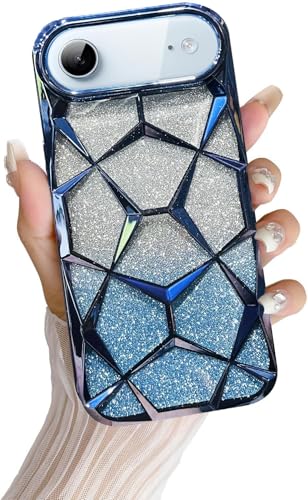 Image of VONZEE Gradient Glitter Back Cover Case Compatible with iPhone 17 Air, Luxury Electroplated 3D Cube, Diamond Bling Shiny Soft TPU Clear Shockproof Women Girls Protective Phone Cover (Sierra Blue)