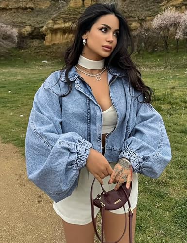 Qazel Vorrlon Womens Oversized Cropped Denim Jacket Zip Up Light Wash Blue Bomber Shacket Jean Jacket for Women Trendy 20254