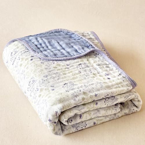 Image of Muslin Blankets 100% Cotton 6-Layer Gauze Floral Pattern Throw Blanket Lightweight Soft and Breathable Queen Bed Blanket for Sofa Couch Bed Coverlet Both Sides (Leaves Purple, Queen 90 inch X 90 inch)