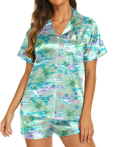 Image of Ekouaer Silk Pajamas for Women Short Sleeve Sleepwear Soft Button Down Loungewear 2 Piece Satin Pjs Shorts Set