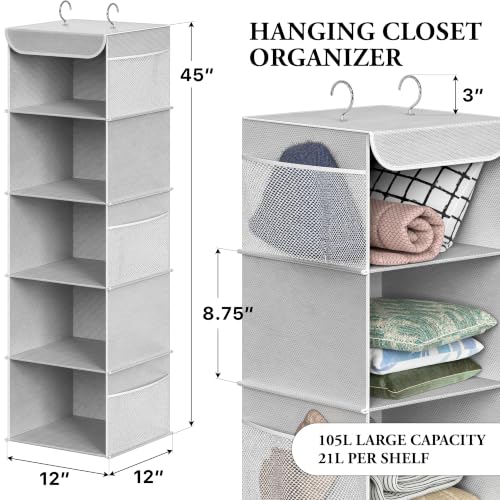 Simple-Houseware-5-Shelf-Hanging-Closet-Organizer-Gray-360-Rotating-Dual-Hooks-Top-Support-Metal-Frame-6-Side-Mesh-Pockets