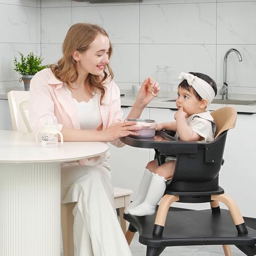 Image of Baby High Chair, 7 in 1 Convertible High Chairs for Babies and Toddlers, Kids Learning Table, Building Block Table, Toddler Dining Chair with 360 Rotating Seat, 5-Point Safety Harness (Black)