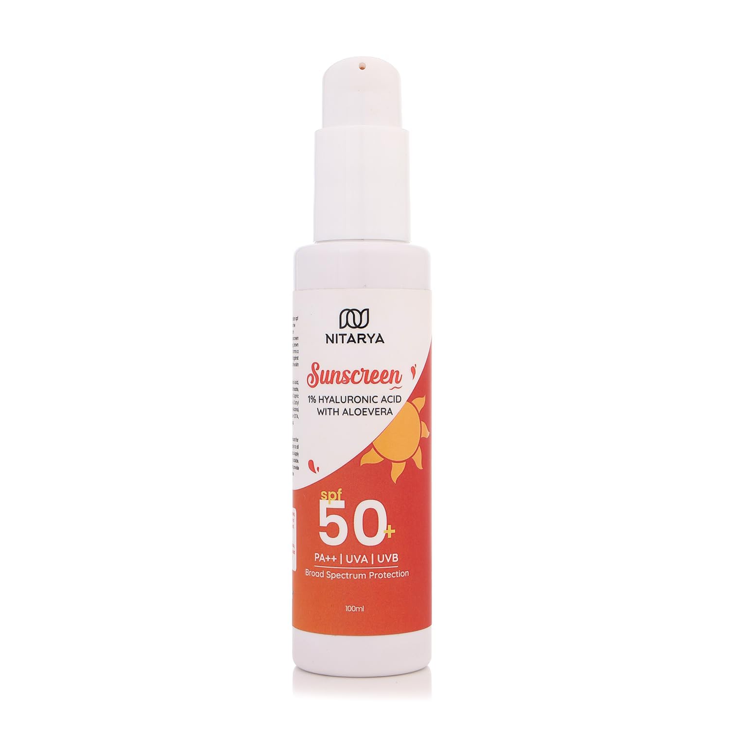 Nitarya Sunscreen SPF 50+ PA++ | 1% Hyaluronic Acid & Aloe Vera | Broad Spectrum UVA & UVB Protection | No White Cast, Hydrating & Paraben-Free | AYUSH & GMP Certified | 100% Natural, Cruelty-Free, 100ml (Pack of 1)