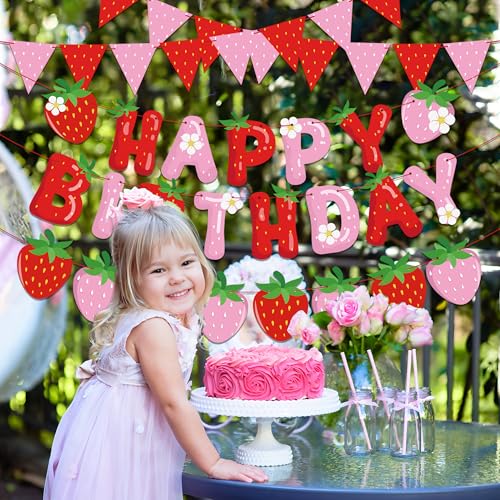 Image of 5 Packs Strawberry Happy Birthday Banner Strawberry Themed Paper Garland Red Pink Pennant Flags Bunting Banners Berry Sweet Birthday Party Decorations for Girls Birthdays Party Decor