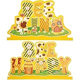 2 Pcs Bumble Bee Table Decorations Bee Wooden Sign Bee Happy Block Plaque Sunflower Wooden Table...