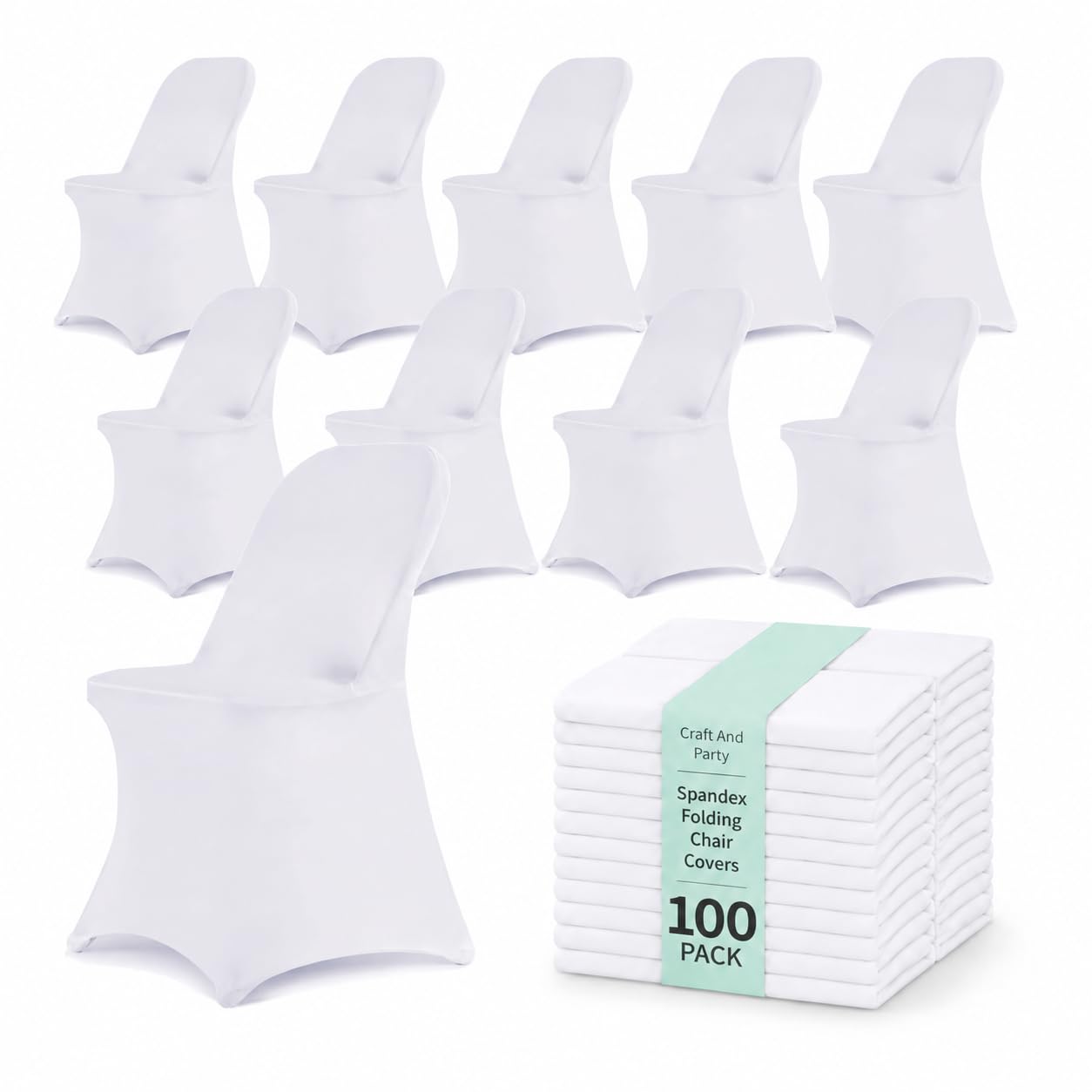100 Pack White Spandex Folding Chair Covers, Stretch Polyester Slipcovers for Wedding, Party &amp; Dining Chairs – Flat Front Design, Universal Fit
