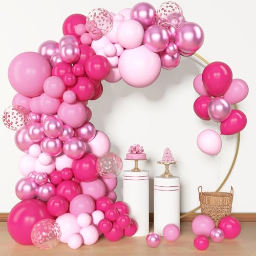 Amandir 153 Pcs Pink Balloon Arch Garland Kit Different Sizes 18 12 10 5 inch Latex Metallic Confetti Hot Pink Balloons for Mothers Day Baby Shower Birthday Princess Wedding Party Decorations