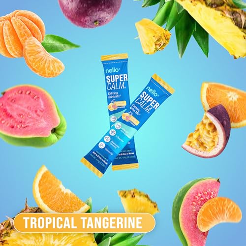 Image of Nello Supercalm Powdered Drink Mix, Cortisol Reducer* and Sleep Aid Supplement, L Theanine, Ksm-66 Ashwagandha, Magnesium Glycinate, Vitamin D 3, No Sugar, Non GMO, 20 Ct, Tropical Tangerine