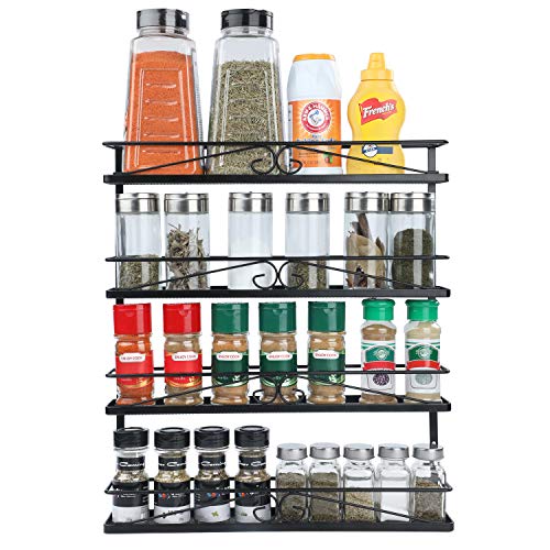 VEESUN Wall Mounted Spice Rack Organizer for Cabinet Pantry Door Kitchen Large Hanging Spice Shelf, 4 Tier,Black.