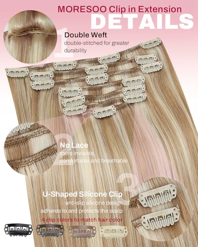 Image of Moresoo Clip in Hair Extensions Brown with Blonde Highlights Clip ins Human Hair Yellow Brown with Platinum Blonde Full Head 120g /7pcs 18 inch