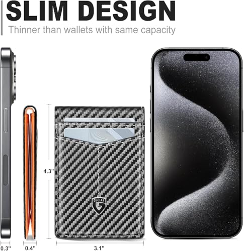GSOIAX Slim Wallet for Men Leather Carbon Fiber RFID Blocking Minimalist Front Pocket Bifold mens Wallet with ID Window,12 Credit Card Holders with Gift Box (Carbon orange)2