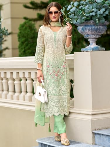 Image of INDO ERA Womens Organza Embroidered Straight Kurta Pant Dupatta Set (IEOUT10602)