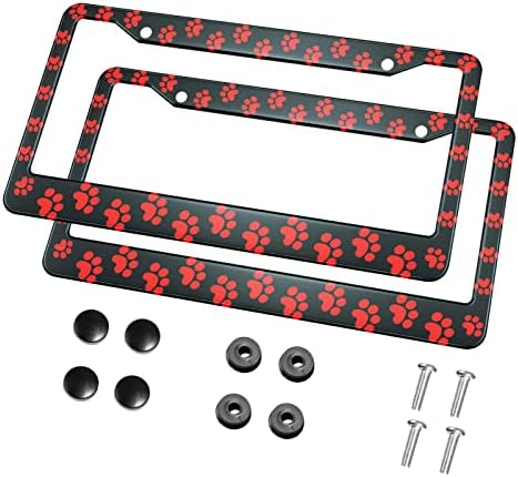 HOSNYE Animal Dog Paw License Plate Frame Puppy'S Red Paw Metal 2 Pcs 2 Holes Black Licenses Plates Frames Front Licenses Plate Covers Car Tag Frame for Women Men US Vehicles