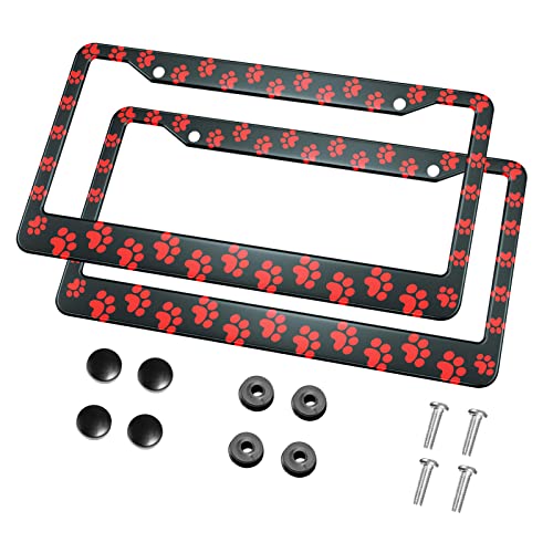 Hosnye Animal Dog Paw License Plate Frame Puppy's Red Paw Metal 2 Pcs 2 Holes Black Licenses Plates Frames Front Licenses Plate Covers Car Tag Frame For Women Men Us Vehicles #TOP10