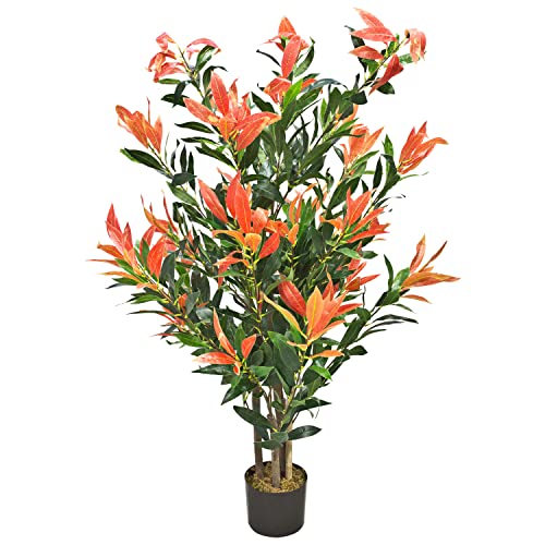 Decovego Künstliche Glanzmispel Photinia Kunstpflanze Künstliche Pflanze 120 cm Kunstblume Innendekoration Kunst Pflanze wie echt im Topf Cover