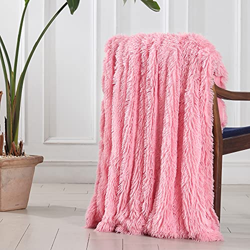 Image of Decorative Extra Soft Faux Fur Throw Blanket 50 inchx60 inch,Solid Reversible Fuzzy Double Layers Lightweight Long Hair Shaggy Blanket,Fluffy Cozy Plush Fleece Comfy Microfiber Blanket for Couch Sofa Bed,Pink