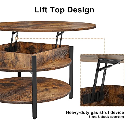 Fabato Round Lift Top Coffee Table For Living Room, 33.54'' Round Coffee Table With Storage And Hidden Compartment, 2 Tier Small Farmhouse Coffee Table Round Dining Table, Rustic Brown #TOP5
