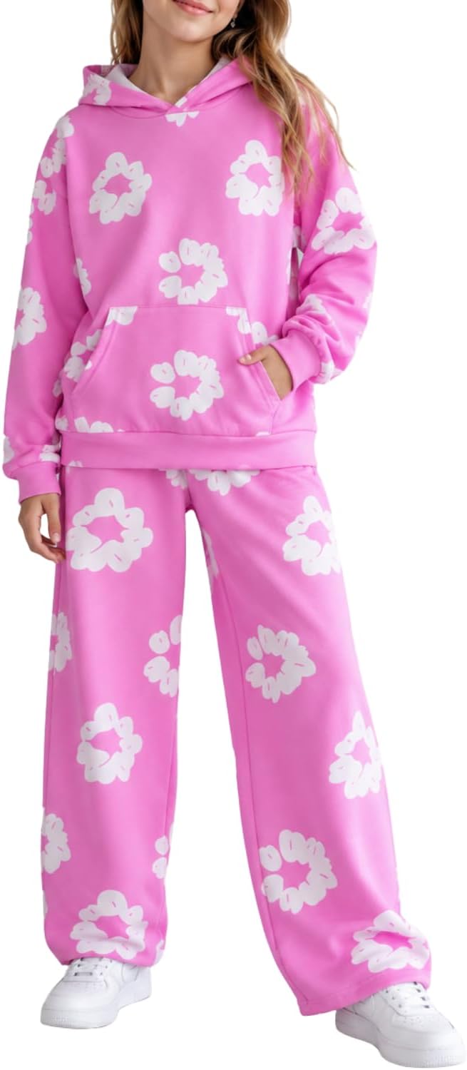 Azmxynol Tween Girls Clothes Flower Print Sweatshirt Top + Jogger Pants 2 Piece Outfit Set, Size 7-16 Years
