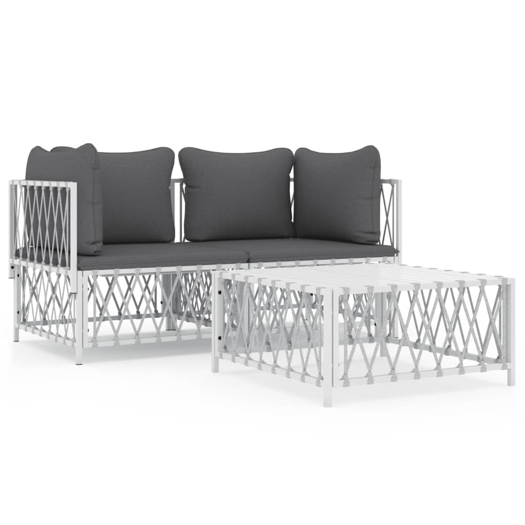Salon de jardin 3 pièces design en acier blanc traité avec table basse