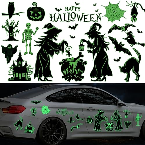 Halloween Car Magnet Decorations 16 Pcs, Luminous Magnetic Car Decals, Garage Door Stickers Decors, Glow in The Dark Holiday Magnet for Fridge (01)