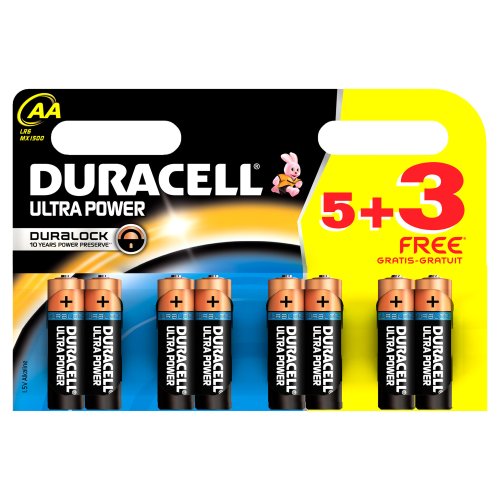 Duracell Ultra Power - Pila alcalina AA (paquete de 5 + 3 unidades)
