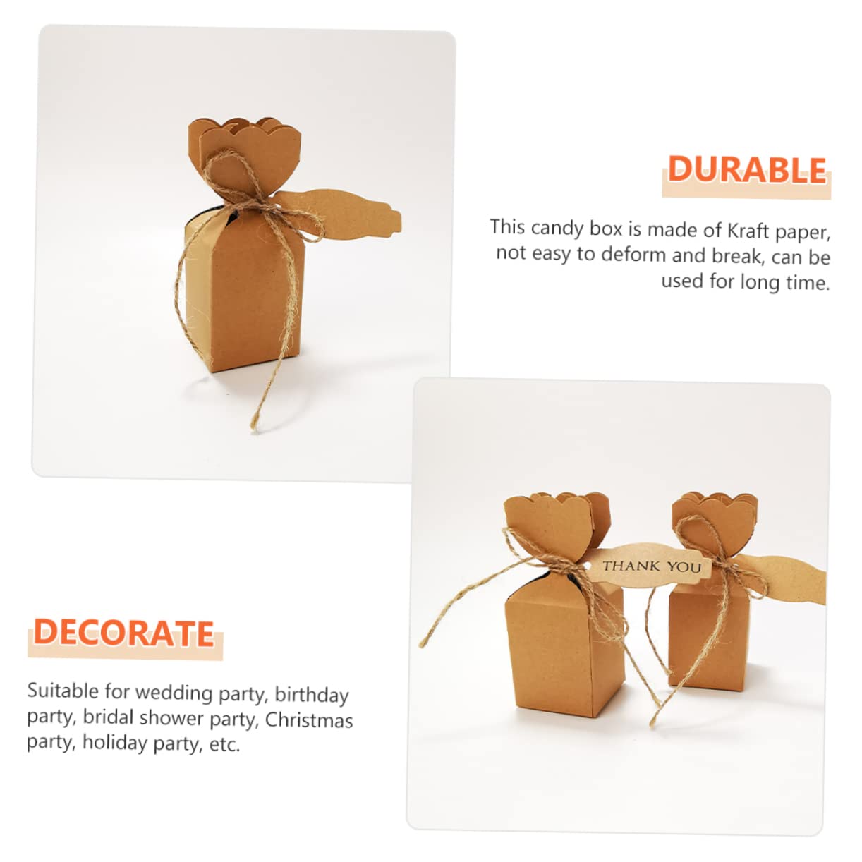 LOORGVEL 150 Sätze Kraftpapier Hochzeit Geschenkbox DIY Candy Favors Box mit Hanfseil Party Süßigkeiten Verpackung für Hochzeit Geburtstag Shower und Festlichkeiten