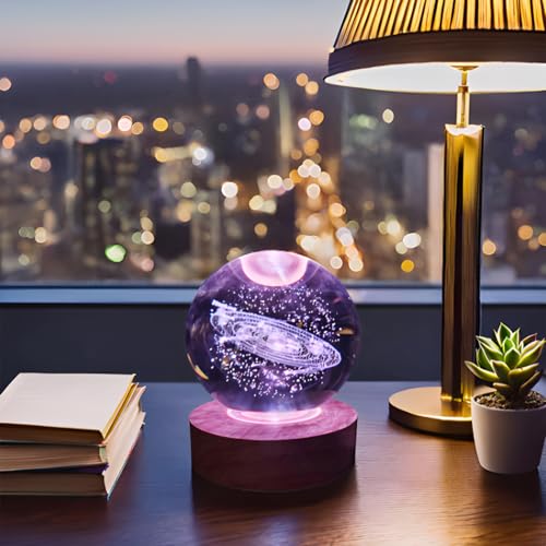 Image of 3D Solar System Crystal Ball 3.15 inch / Wooden USB Switch Base with LED Gradient Lighting /Solar System Model Decor /Birthday, Christmas Gifts for Teens