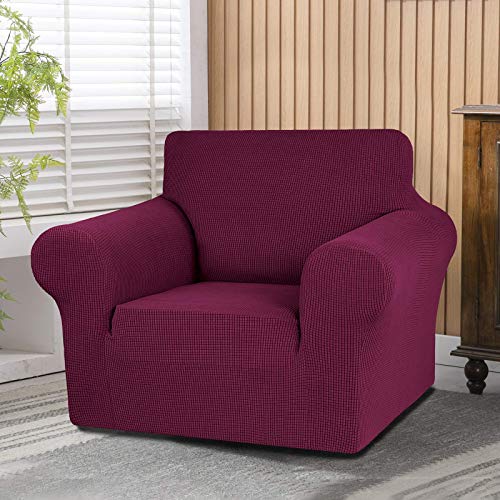 KEKUOU Stretch Single Sofa Slipcover 1 Piece Couch Sofa Cover (31"-55") Furniture Protector 1 Seater Sofa with Elastic Bottom for Kids,Pet.Jacquard Small Checked Pattern Fabric(Small,Wine)