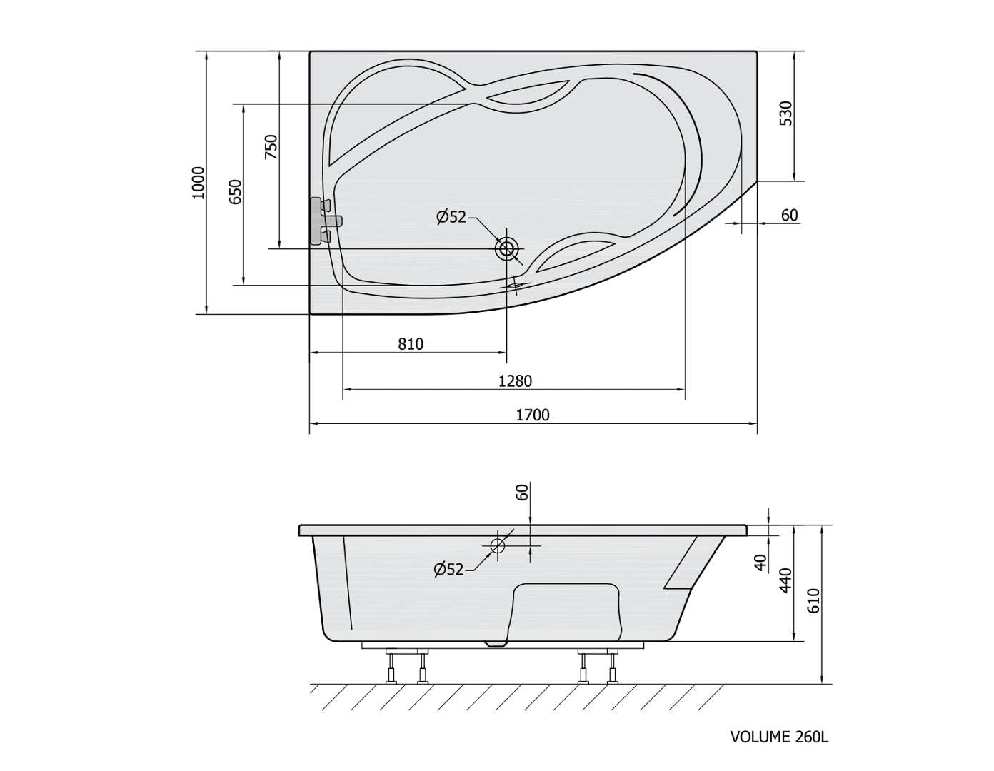 Habitación sparwanne Mamba 170 x 100 cm, acabado Izquierda con bañera patas y wandankern