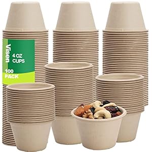 100 Pack Compostable Portion Cups,Disposable Paper Cups for Condiment,4 oz Food Sample Cups,100% Biodegradable Souffle Cups,Disposable Cups for Jello Shot & Samples Honey Nuts (Natural)