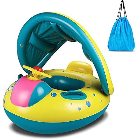 Baby Pool Float, Topist Baby Inflatable Swimming Ring with Adjustable Sun Shade CaBaby Pool Float, Rinopy Safety Seat for Age 6-36 Months Toddlers with Carry Bag Cover