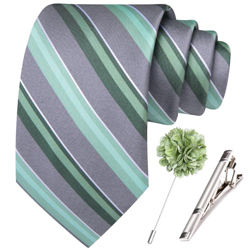 Image of Hi-Tie 63 inches Striped Paisley Extra Long Ties for Men Silk Necktie with Lapel Pin Tie Clip Big and Tall Men Formal Wedding