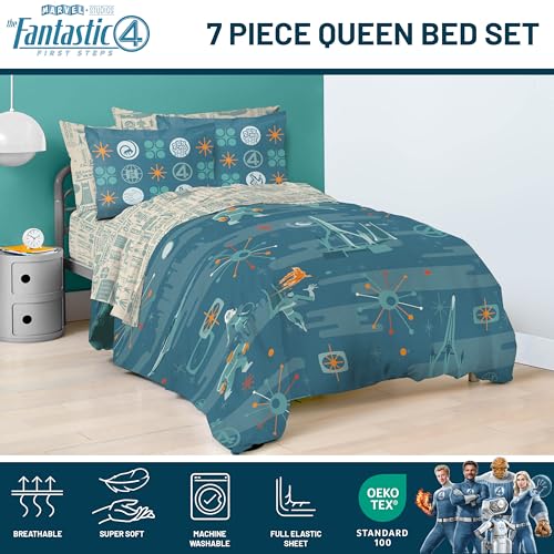 Image of Marvel Fantastic Four Queen Comforter Set 7 Piece Superhero Bedding, Blue