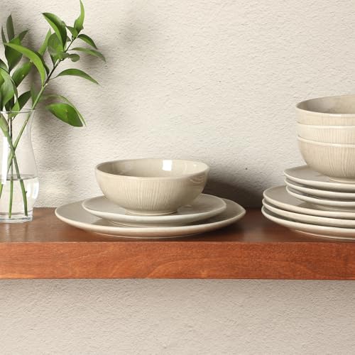 Image of Gibson Elite Sandy Pines Stoneware Plates and Bowls Set - 12 Piece Reactive Glaze Dinnerware Set - Service for 4 - Dishwasher and Microwave Safe - Cream Taupe