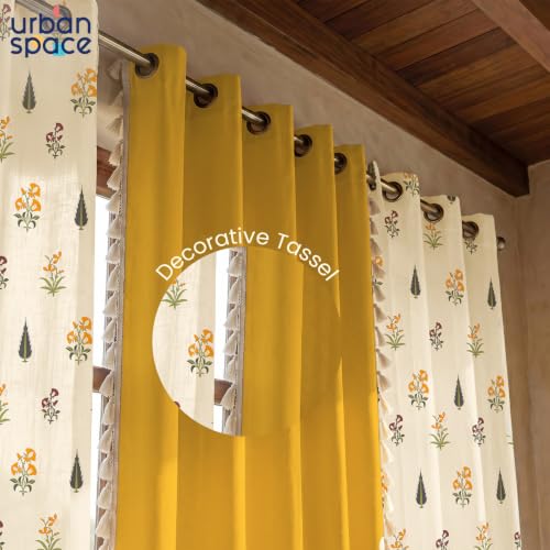 Image of Urban Space Floral 100% Cotton Curtains For Window, Set Of 3 Curtains 5 Feet Long, 60-65% Light-Filtering Curtain, Tieback&Eyelets Included With Curtains For Home Decor (High Garden & Yellow, 5 Feet)