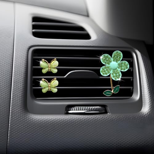 Image of 3PCS Bling Car Air Vent Clips, Butterfly Flower Rhinestone Vehicle Conditioning Outlet Clamps, Diamond Vent Clip Charm Decoration for Women Girls, Universal Automotive Accessories (Green)